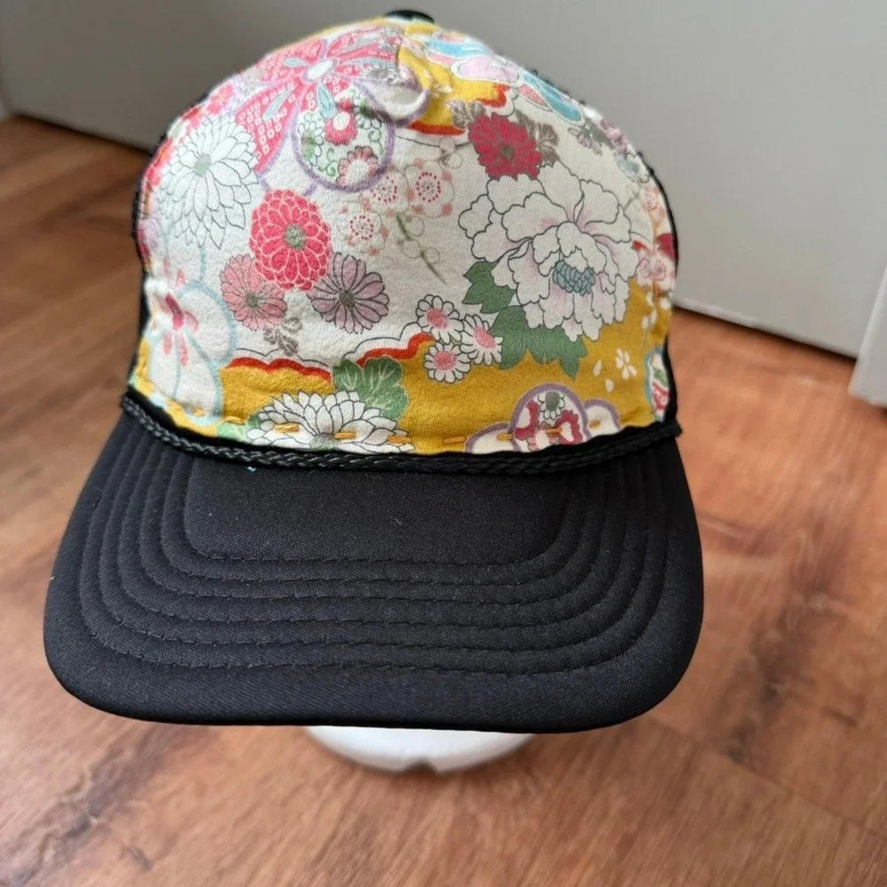 Trucker Hat Women OSFA Black Asian Japanese Floral Hand Stitched Snapback